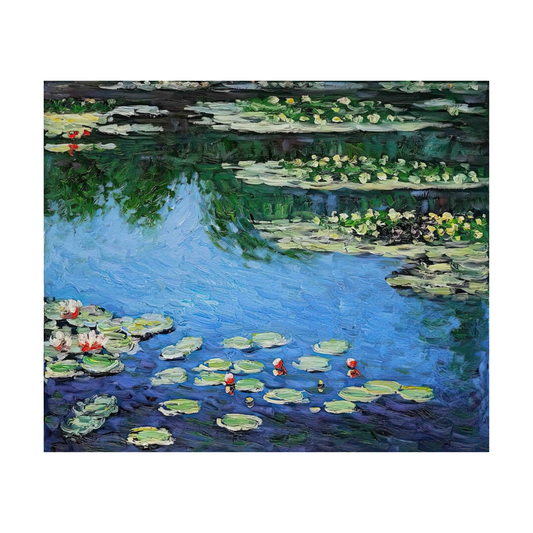 Blue water-lily pond with green pads, pale blossoms and reflected foliage.