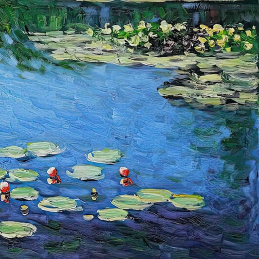 Close-up of green lily pads and bright blue pond water.