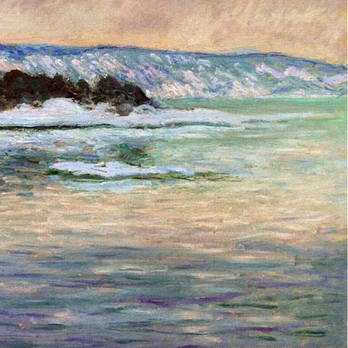 Detail of foamy water, pale shoreline tones and a cresting blue wave.