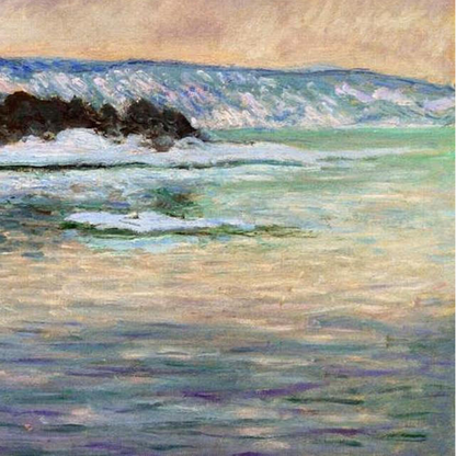 Detail of foamy water, pale shoreline tones and a cresting blue wave.