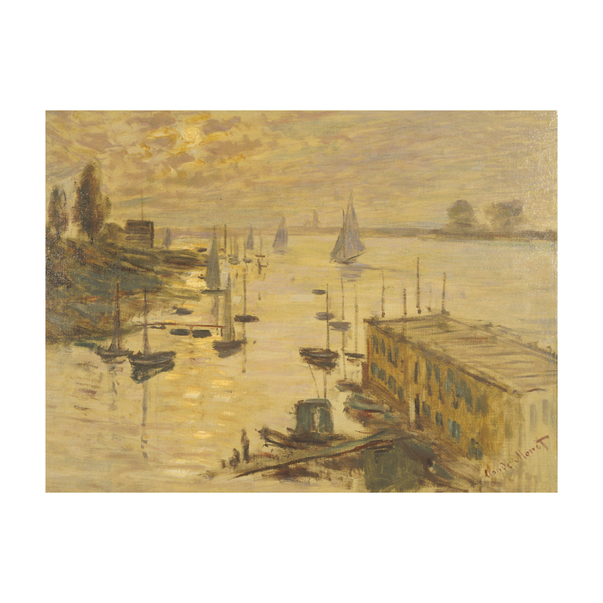 Golden harbour scene with boats, distant buildings and a hazy sky.