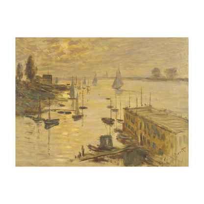 Golden harbour scene with boats, distant buildings and a hazy sky.