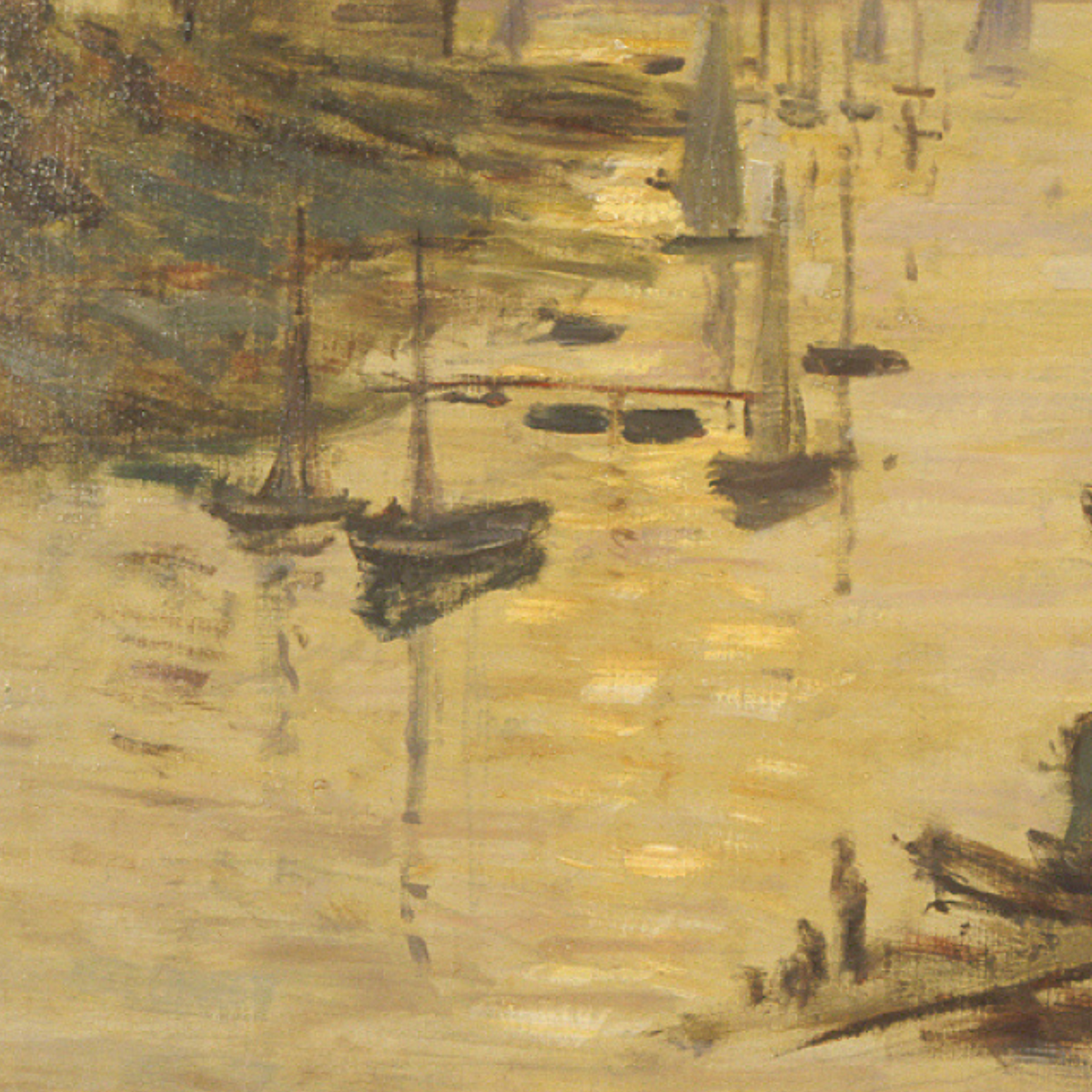 Close-up of harbour boats and reflections in golden water.