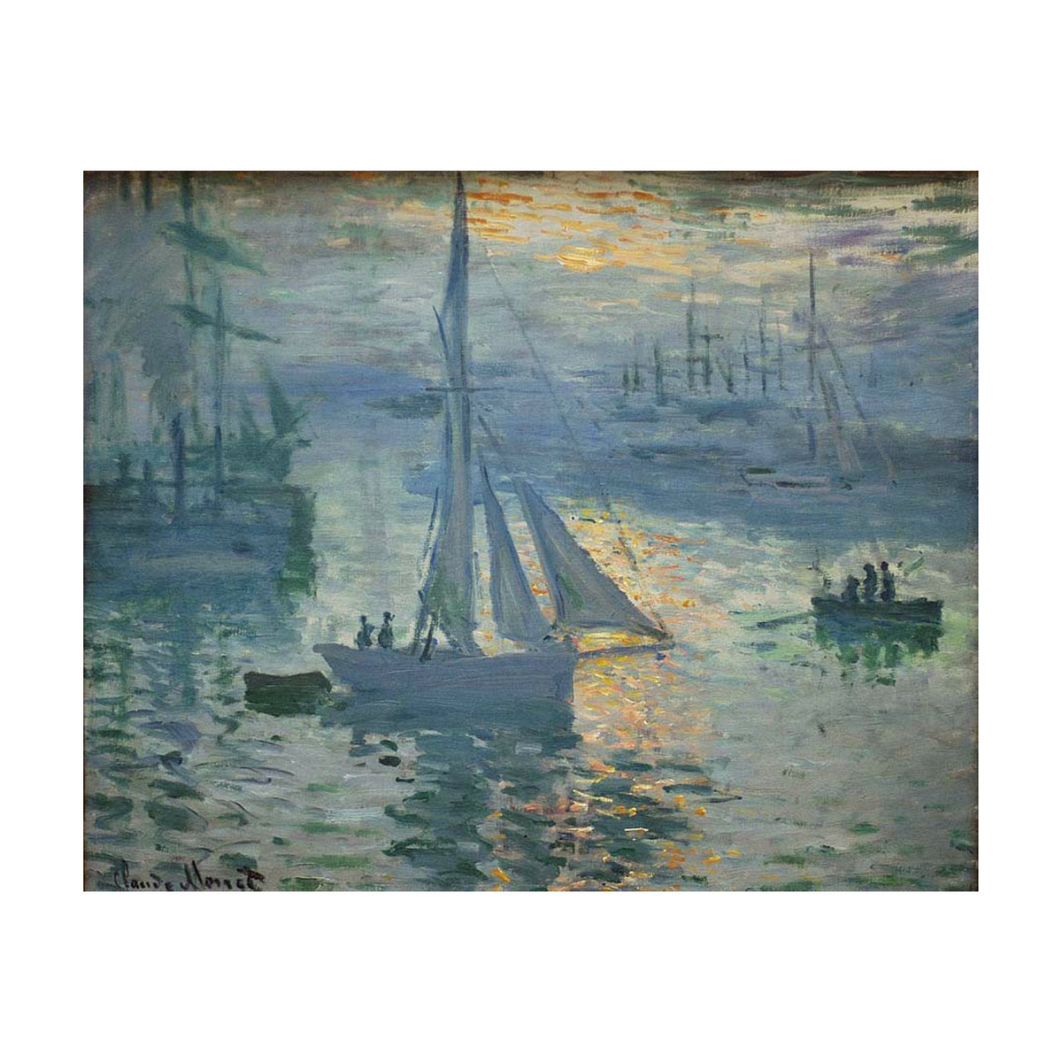 Harbour sailboat scene with blue-green water and golden morning reflections.
