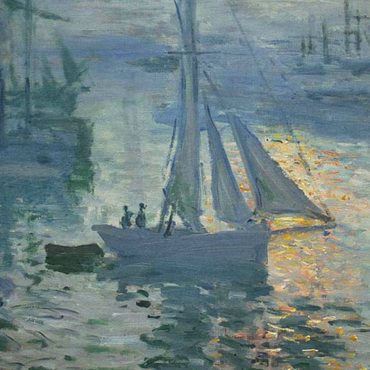 Detail of a sailboat and figures reflected in the blue-green harbour.