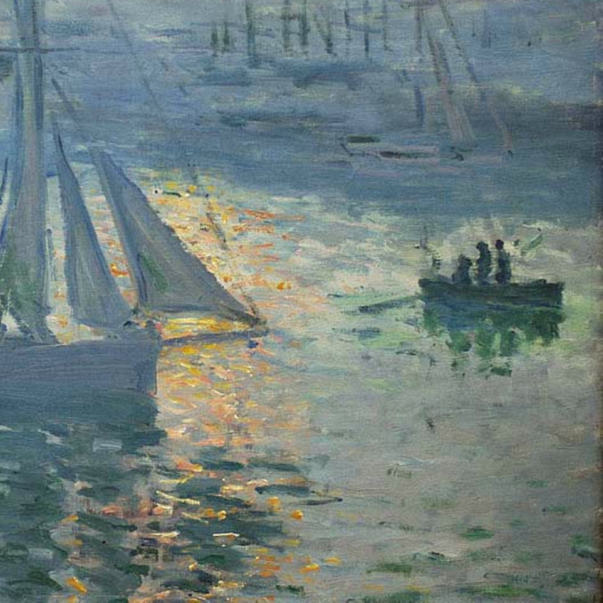 Detail of a rowboat and figures beside golden reflections.