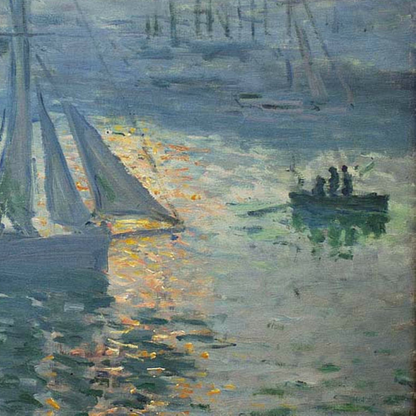 Detail of a rowboat and figures beside golden reflections.