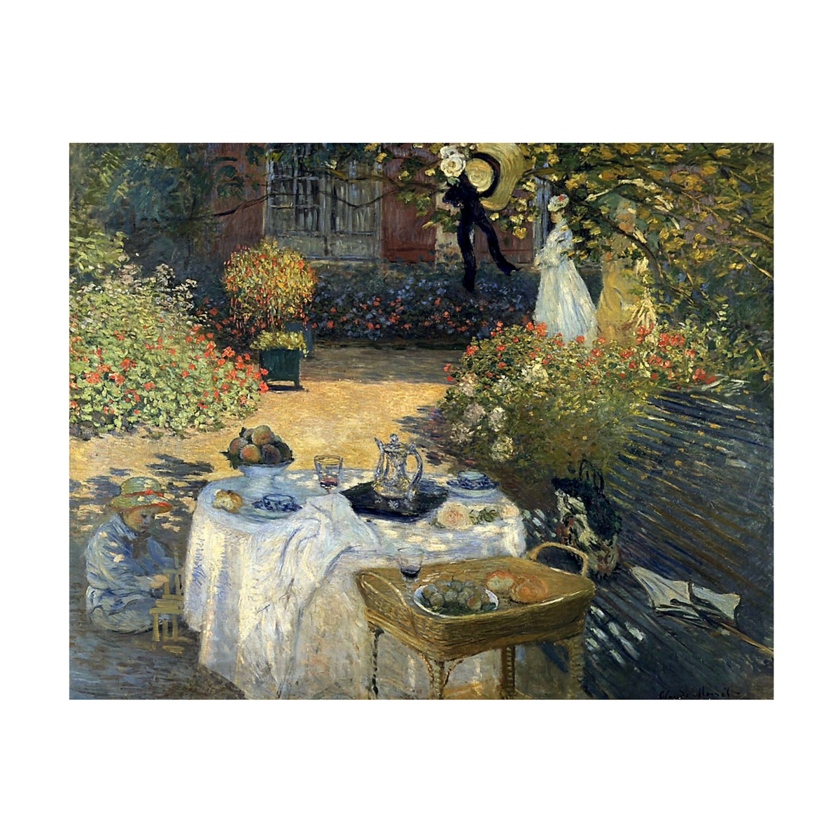 Sunlit garden lunch table with a white cloth, flowers and figures.