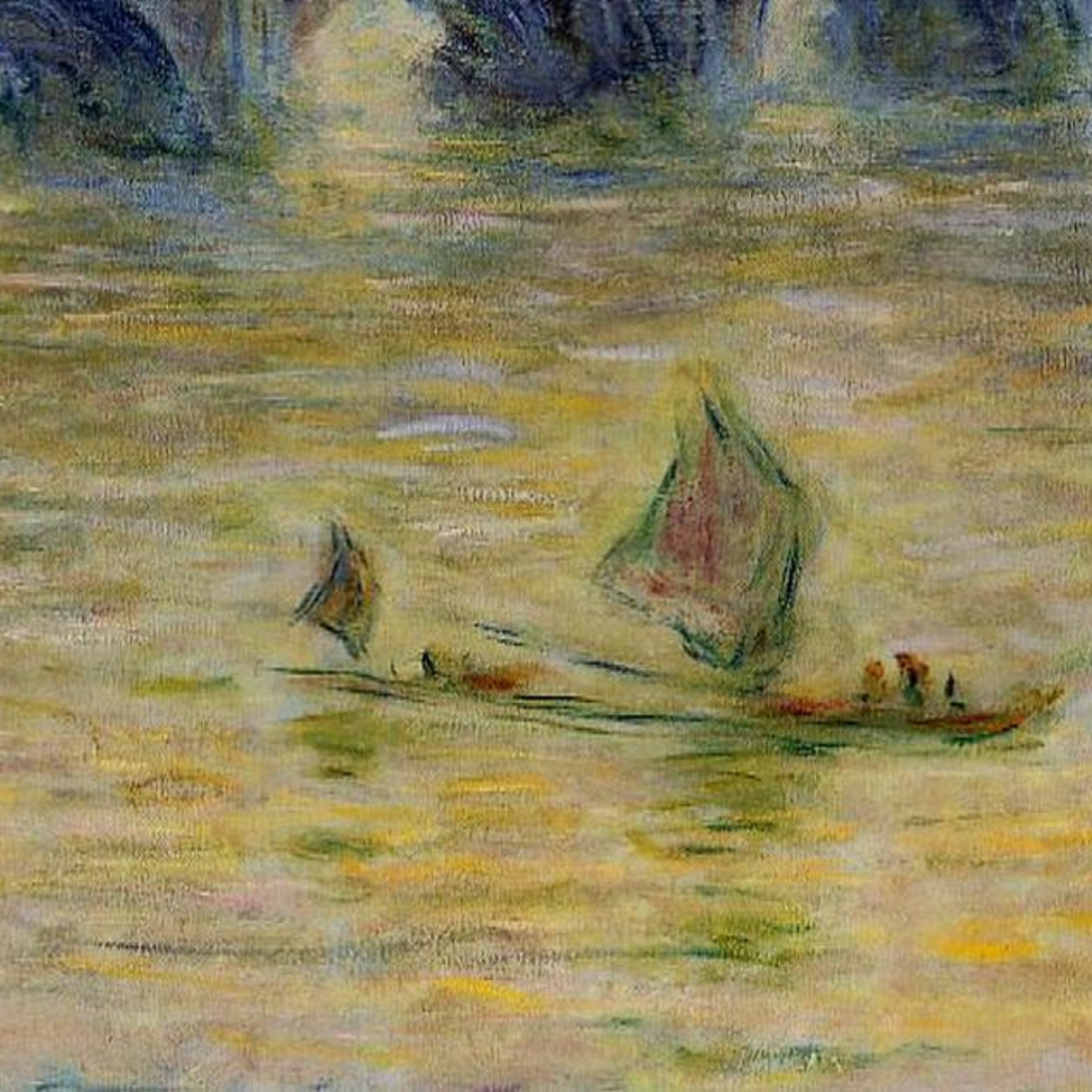 Detail of small river boats floating on yellow-green water.
