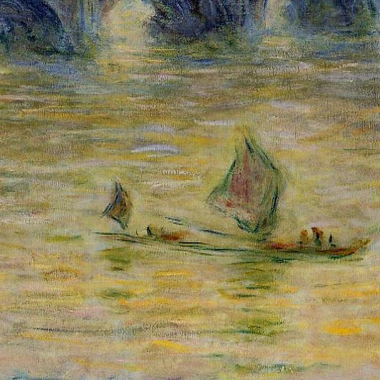 Detail of small river boats floating on yellow-green water.