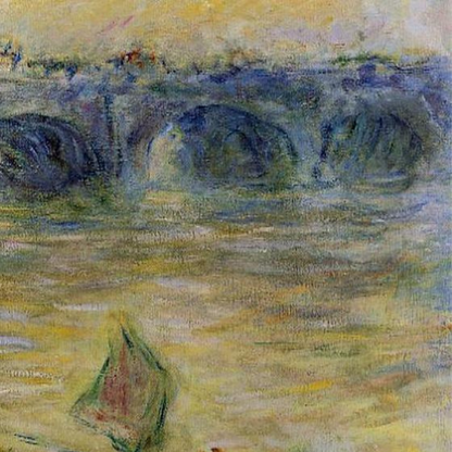 Close-up of bridge arches and a small sailboat on the Thames.