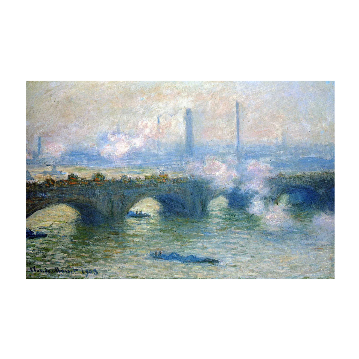 Hazy blue Waterloo Bridge across the Thames beneath a pastel sky.