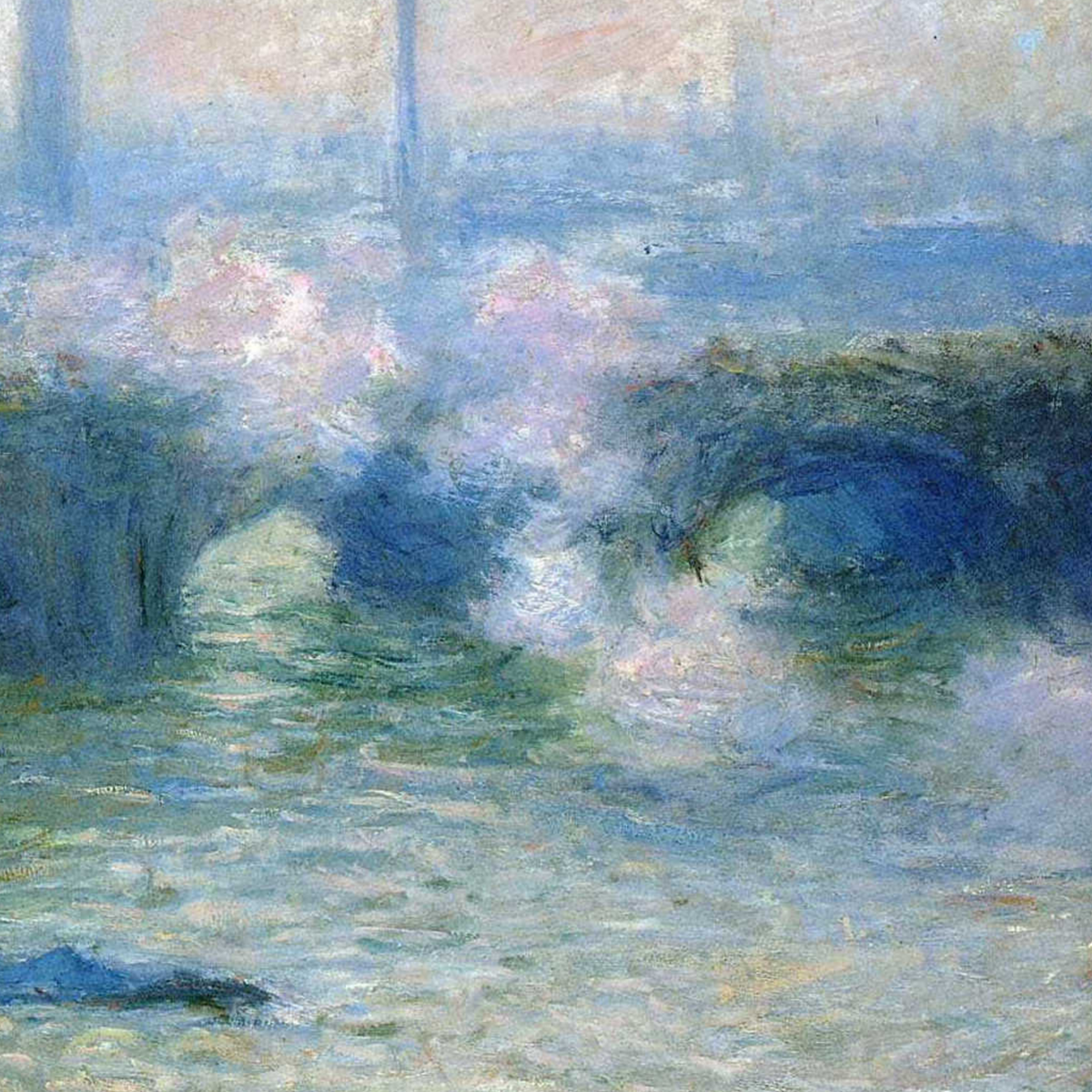 Close-up of a blue bridge arch, misty sky and river reflections.