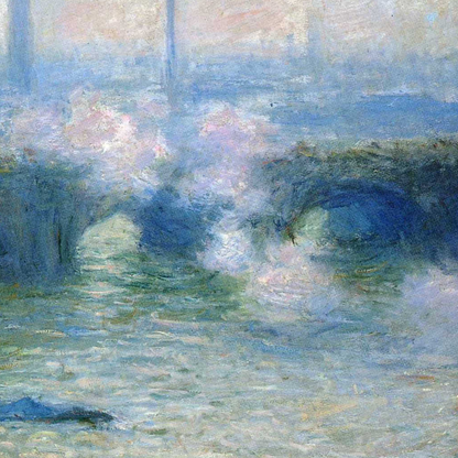 Close-up of a blue bridge arch, misty sky and river reflections.