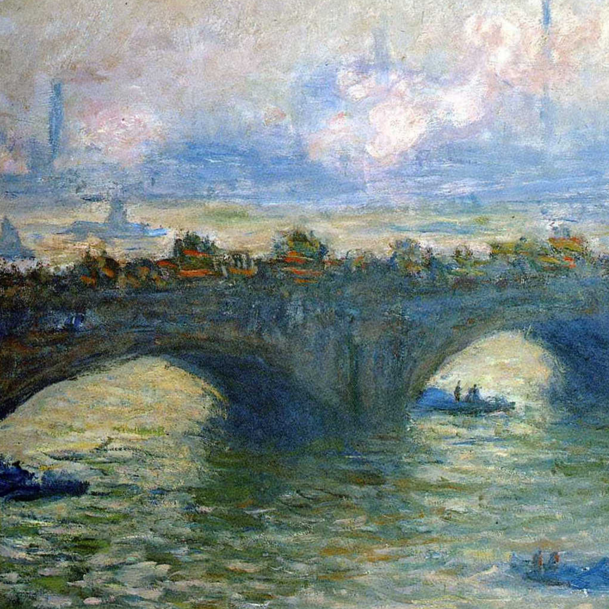 Detail of bridge arches with a hazy London skyline behind.
