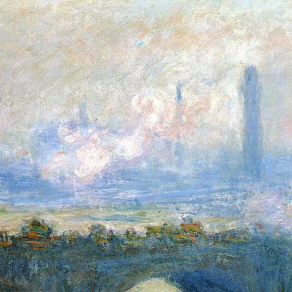 Close-up of the softly painted violet-blue skyline.