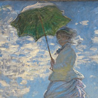 Close-up of the woman’s green parasol and sunlit white dress.