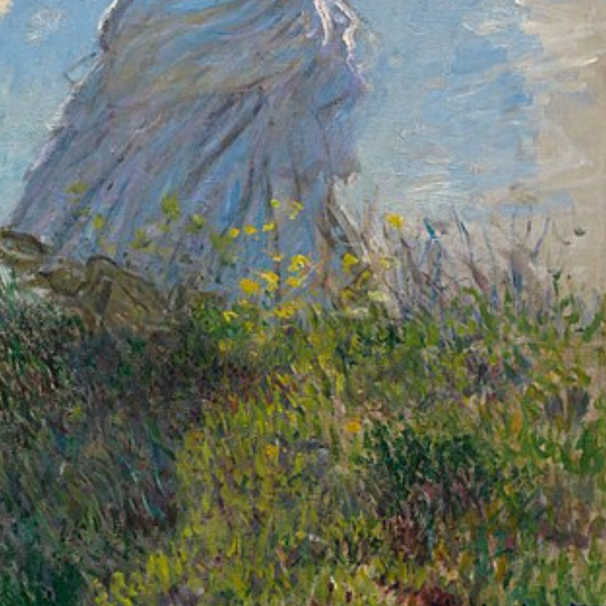 Close-up of the flowing white dress and sunlit meadow flowers.
