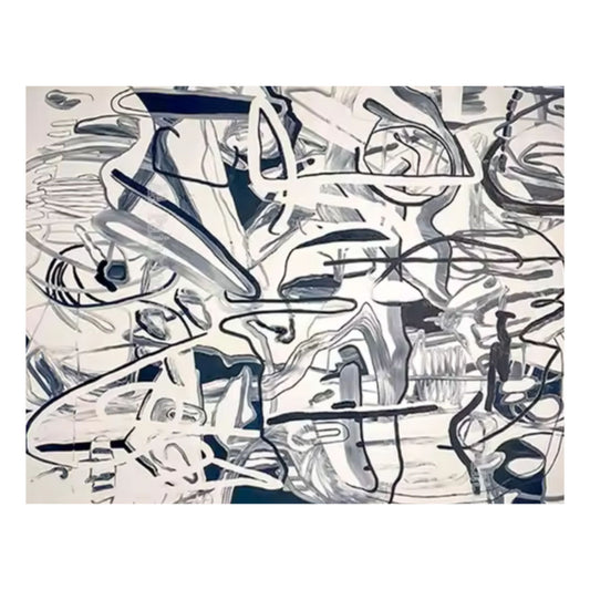 Hand-painted monochrome scribble expressionist abstract canvas in black, white, and grey