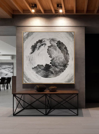 Monochrome Swirl Abstract Painting – Black, White & Grey Textured Circular Canvas Art