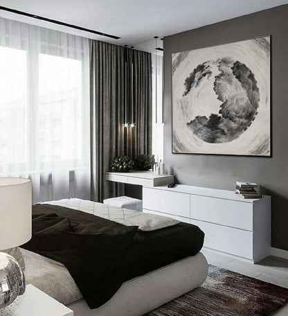 Monochrome Swirl Abstract Painting – Black, White & Grey Textured Circular Canvas Art