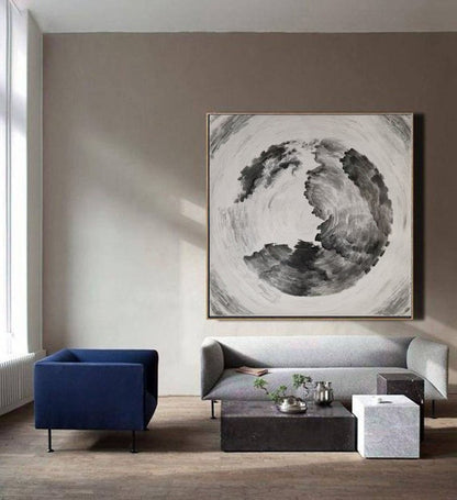 Monochrome Swirl Abstract Painting – Black, White & Grey Textured Circular Canvas Art