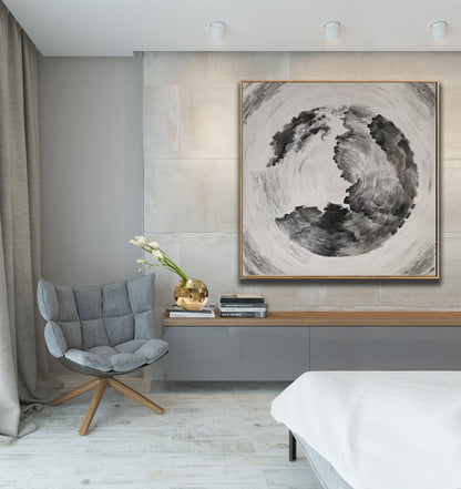 Monochrome Swirl Abstract Painting – Black, White & Grey Textured Circular Canvas Art