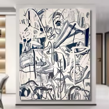 Monochrome Expressionist Scribble Painting – Hand-Painted Black & White Abstract Canvas