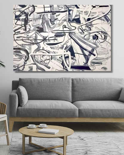 Monochrome Expressionist Scribble Painting – Hand-Painted Black & White Abstract Canvas