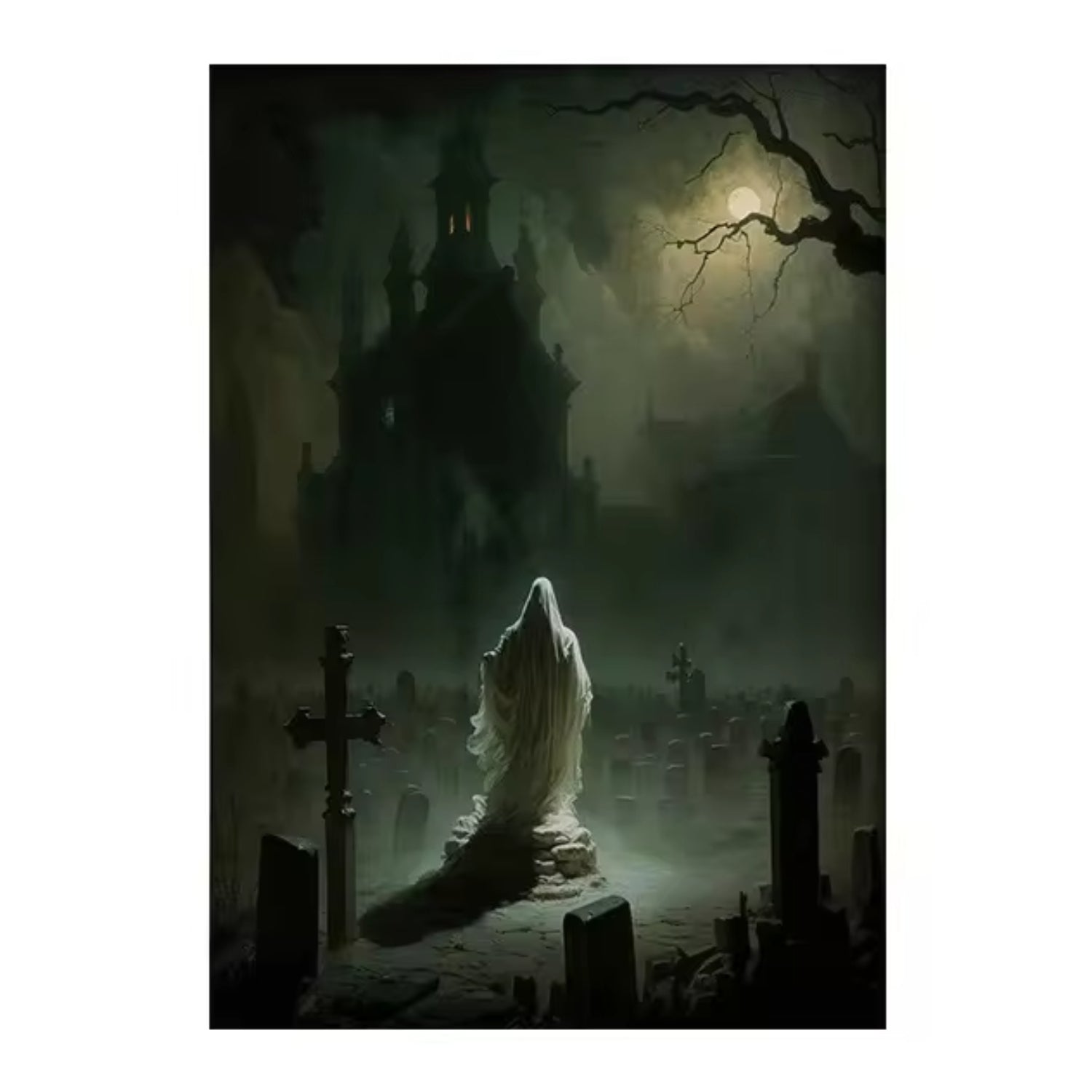 Moonlit Ghost in Graveyard Gothic Victorian Halloween Art