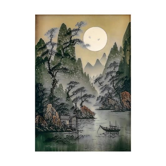 Hand-painted canvas featuring a pale moon above misty mountains, pine trees, a riverside pavilion and a small boat.