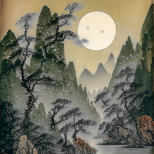Hand-painted canvas featuring a pale moon above misty mountains, pine trees, a riverside pavilion and a small boat.