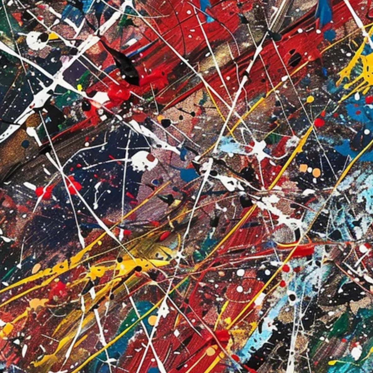 Detail of red and blue areas crossed by yellow, green, white and black splatters.
