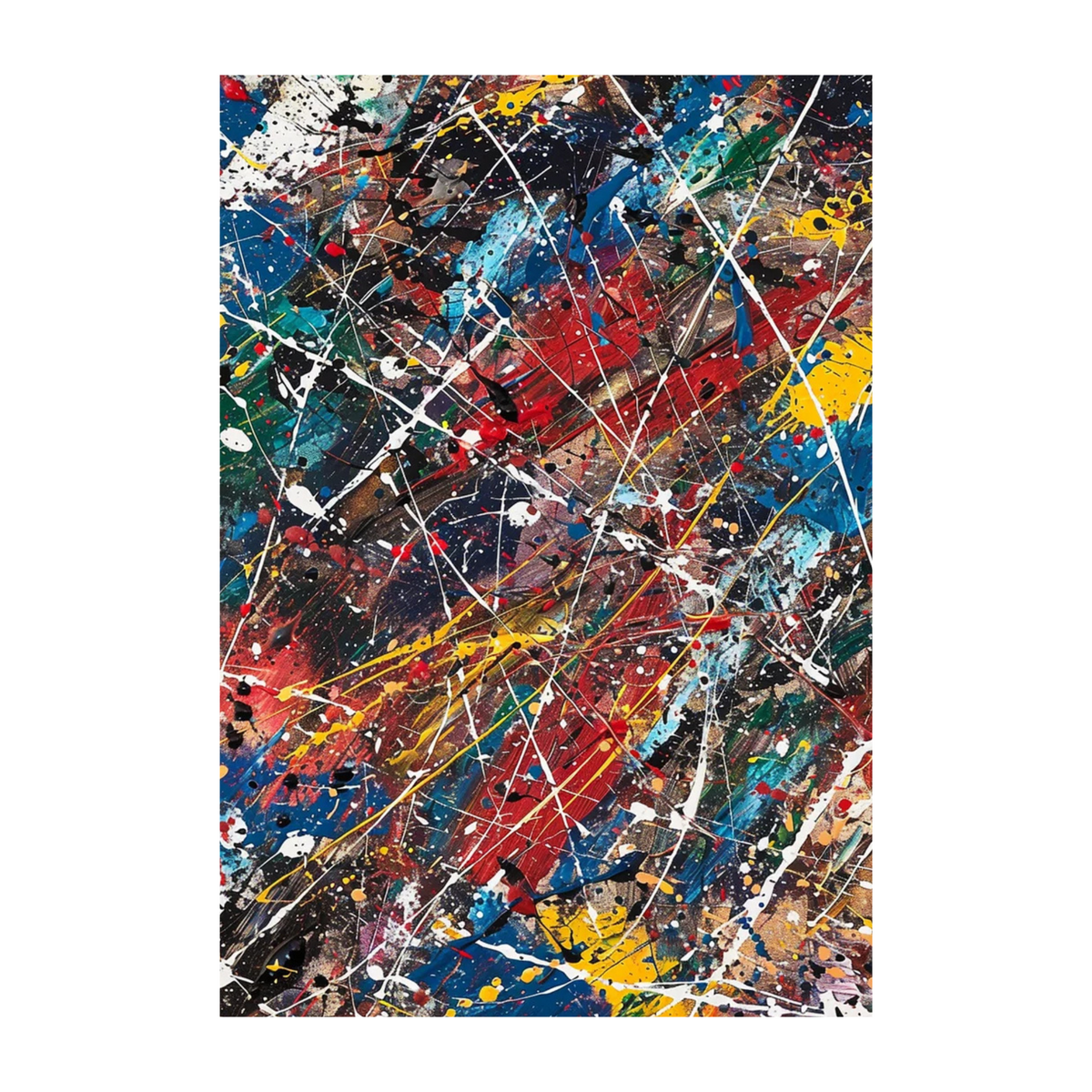 Hand-painted canvas showing red and blue areas crossed by yellow, green, white and black splatters.