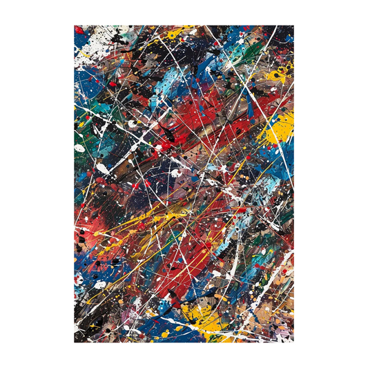 Hand-painted canvas showing red and blue areas crossed by yellow, green, white and black splatters.
