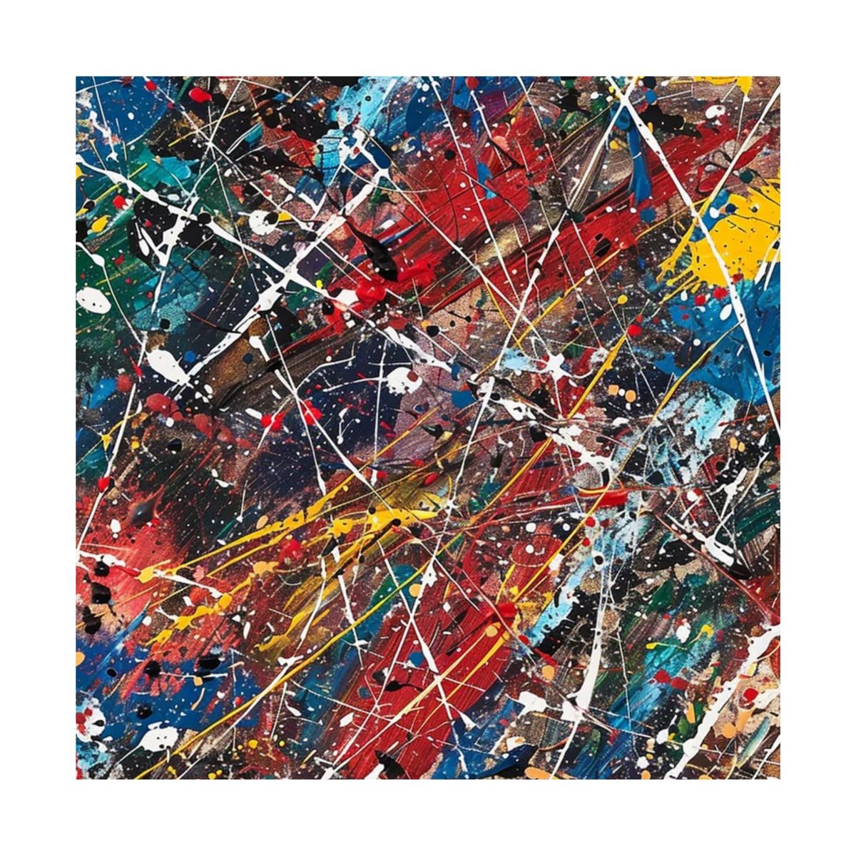 Square crop showing red and blue areas crossed by yellow, green, white and black splatters.