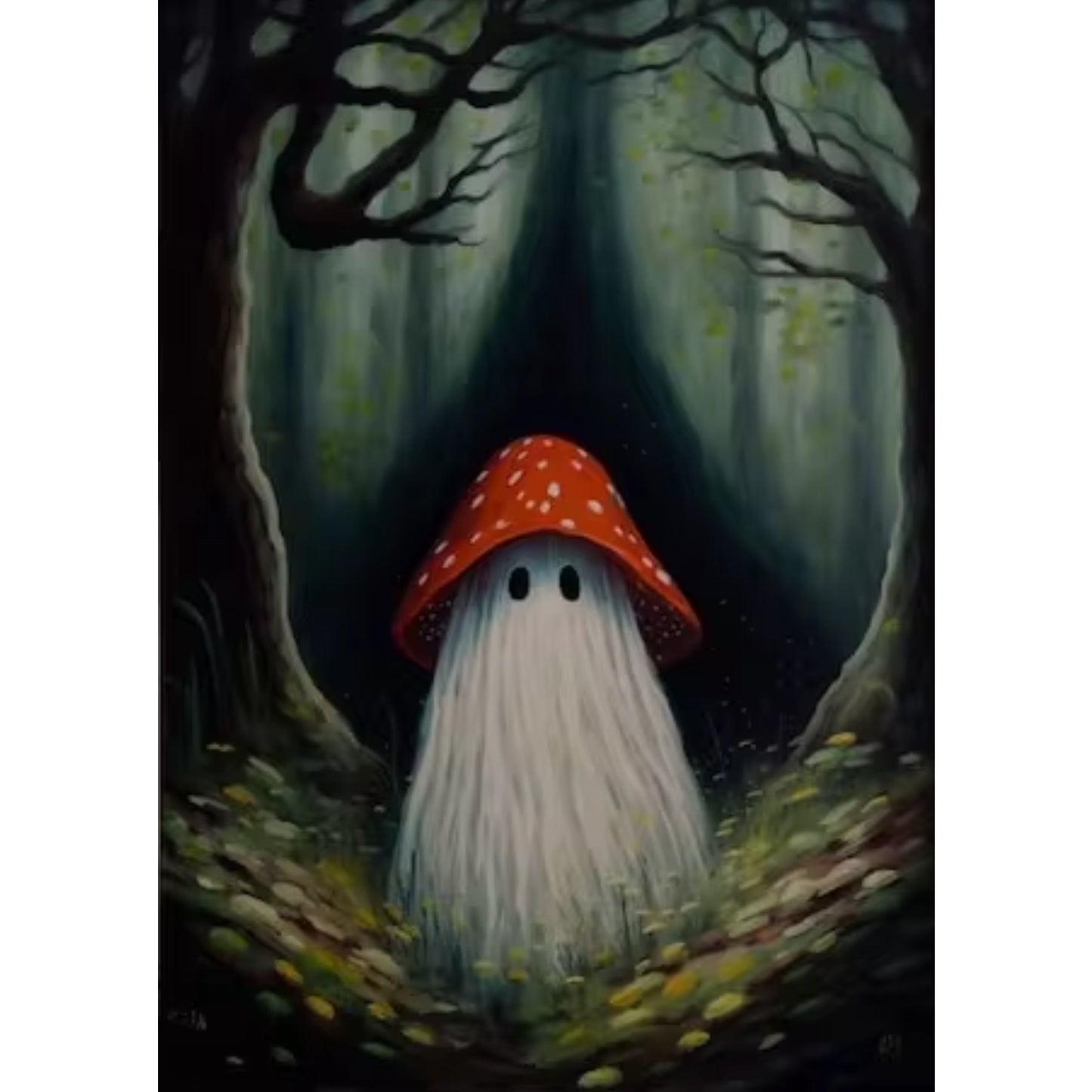 Mushroom Ghost in Forest Dark Academia Gothic Halloween Art