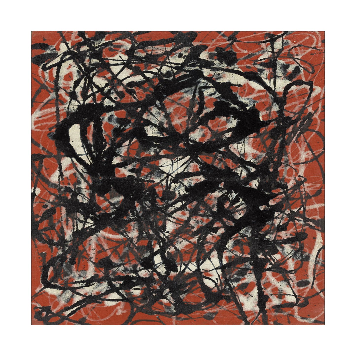 An abstract expressionist painting featuring chaotic, energetic black and white paint splatters and scribbles over a warm terracotta red background, presented with a clean white border.