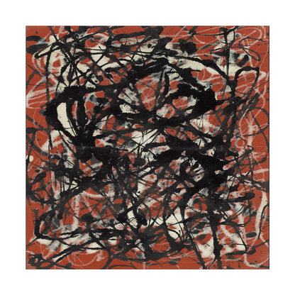 An abstract expressionist painting featuring chaotic, energetic black and white paint splatters and scribbles over a warm terracotta red background, presented with a clean white border.