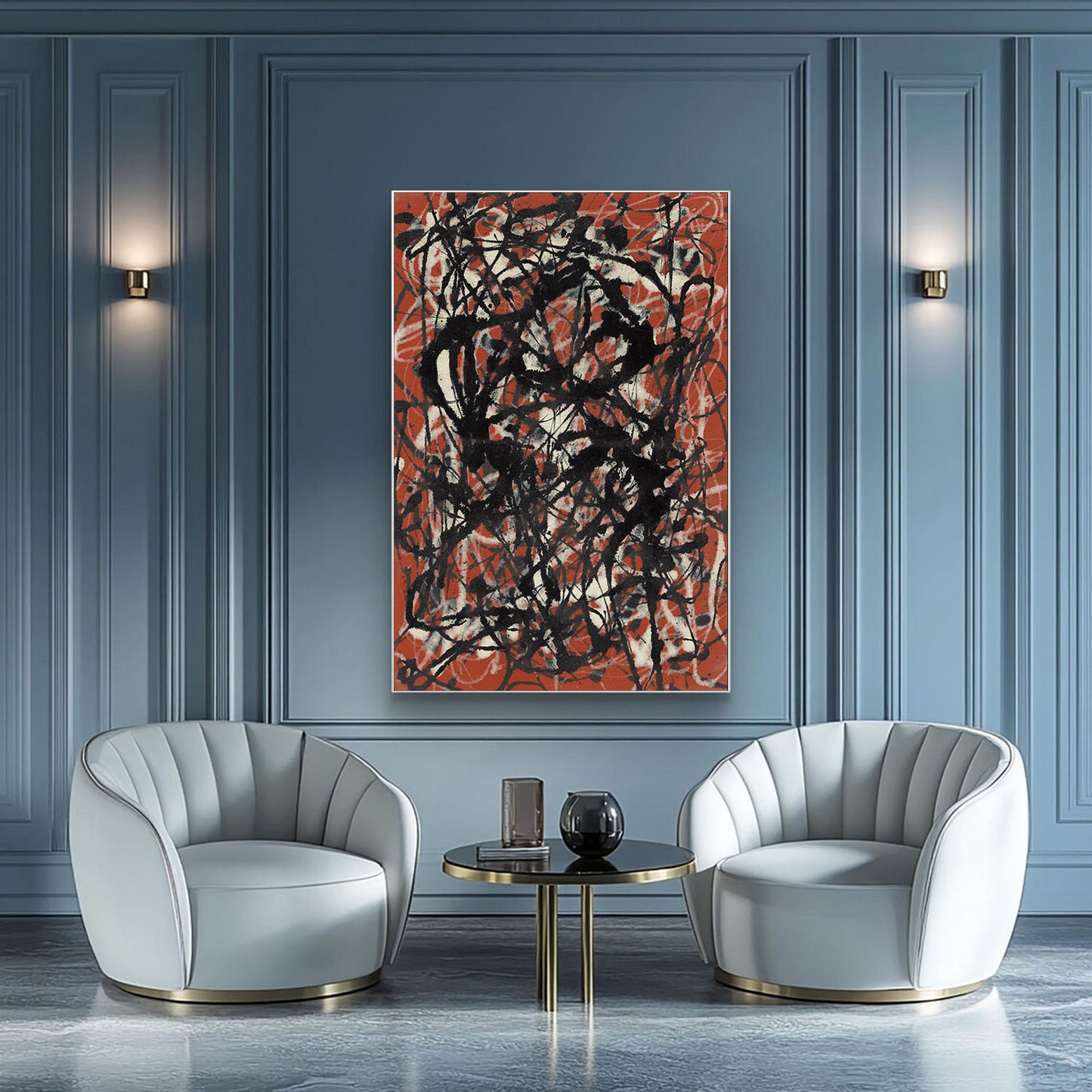 A large abstract canvas print with black and white brushstrokes on a terracotta red background, displayed on a blue paneled wall above two modern white tufted armchairs and a small round gold table.