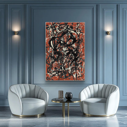 A large abstract canvas print with black and white brushstrokes on a terracotta red background, displayed on a blue paneled wall above two modern white tufted armchairs and a small round gold table.
