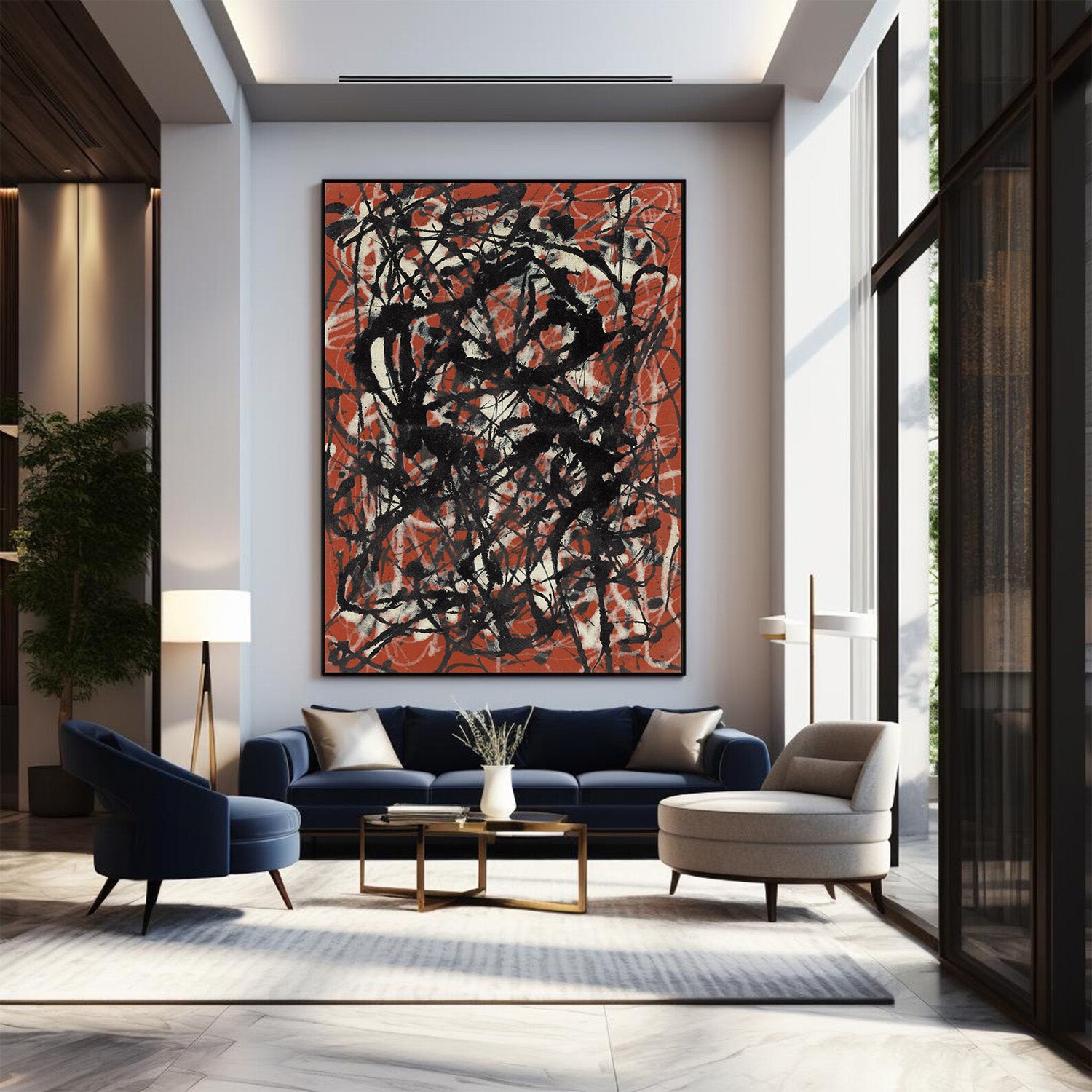A large framed abstract canvas print with black and white scribbled brushstrokes over a terracotta orange background, displayed on a light gray wall in a modern living room setting above a navy blue sofa.