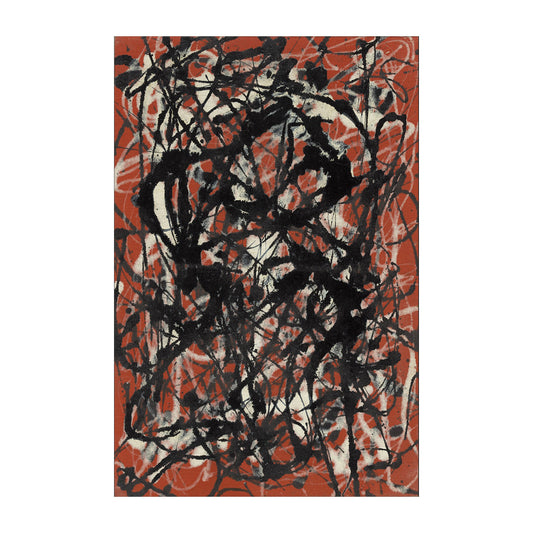 An abstract canvas print featuring chaotic, expressive black and gray paint splatters and drips over a warm terracotta red background, framed by a clean white border.
