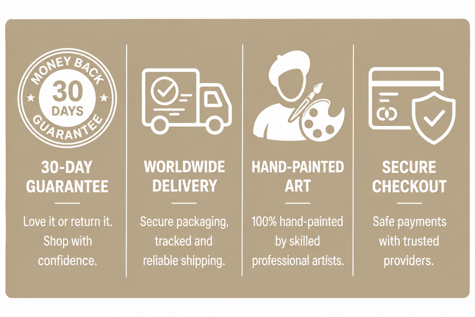 My Modern Art customer benefits: 30-day guarantee, worldwide tracked delivery, 100% hand-painted art and secure checkout.