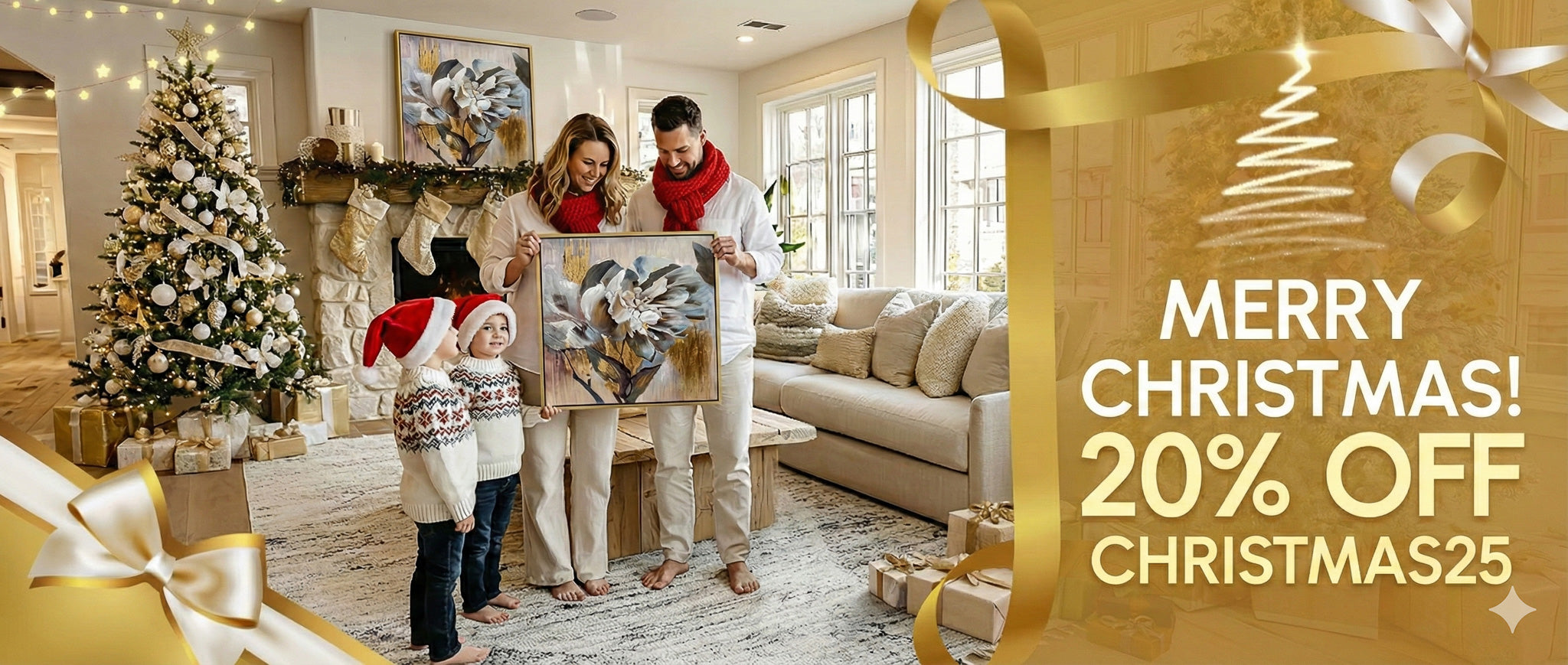 Family in a living room with Christmas decorations, including a tree and gift-wrapped presents.