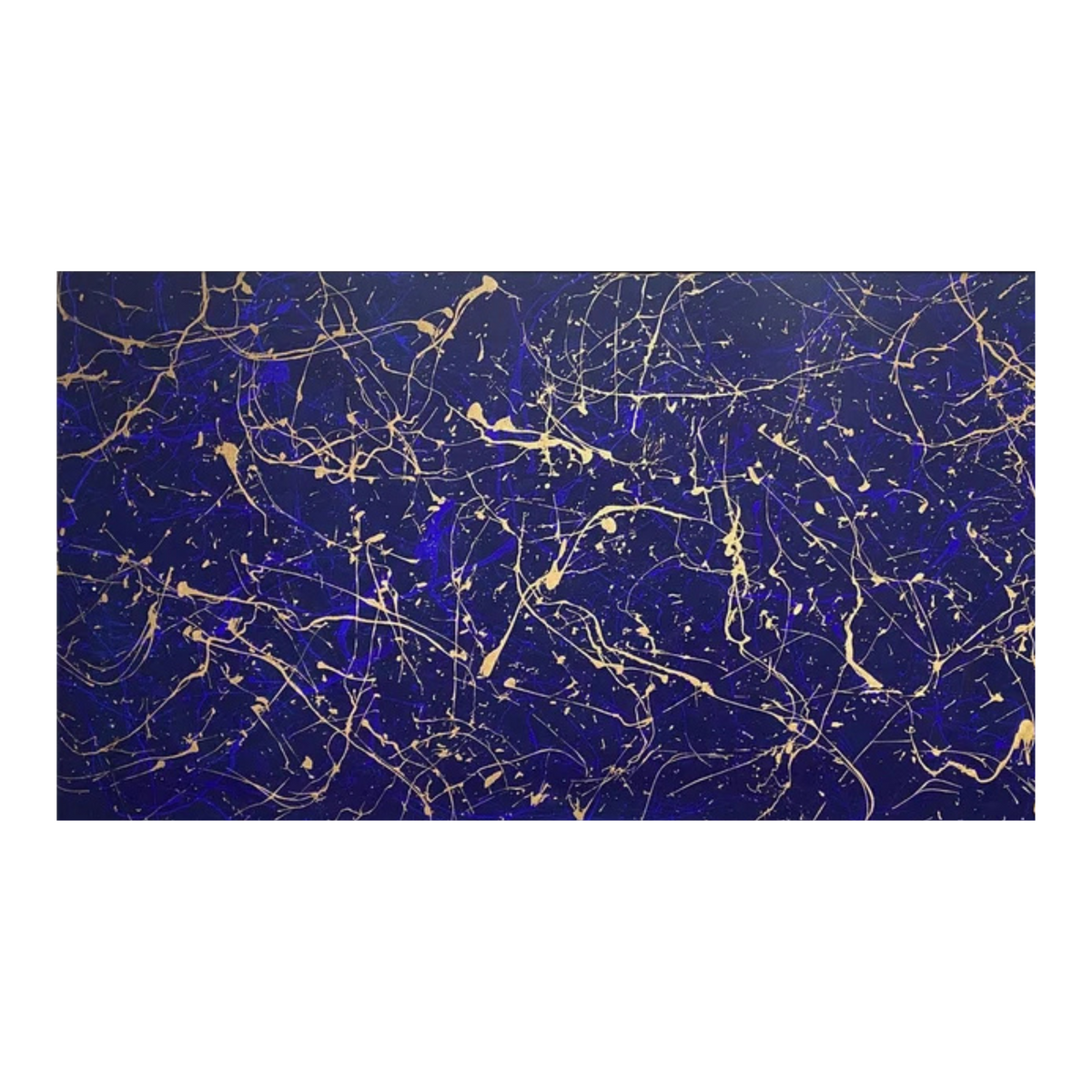 Hand-painted canvas showing fine gold trails and splashes over a deep navy-blue ground.