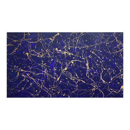 Hand-painted canvas showing fine gold trails and splashes over a deep navy-blue ground.