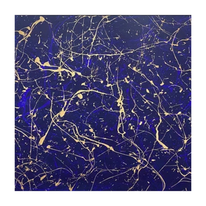 Square crop showing fine gold trails and splashes over a deep navy-blue ground.