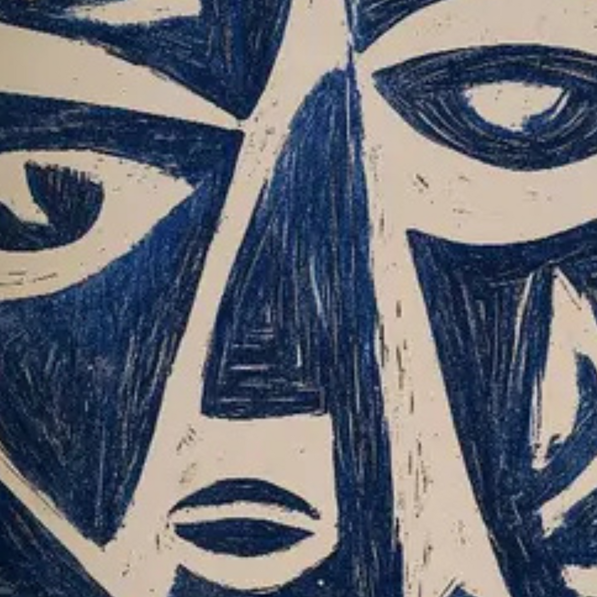 Detail of fragmented navy-blue faces and angular features against a beige ground.