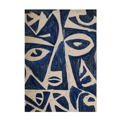 Hand-painted canvas showing fragmented navy-blue faces and angular features against a beige ground.